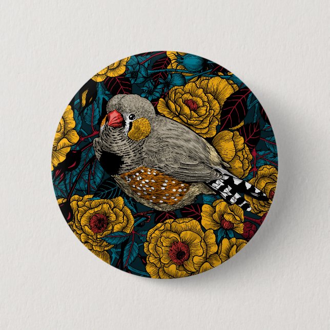 Zebra finch and rose bush button (Front)
