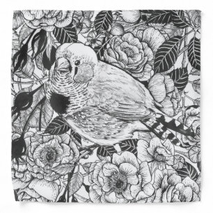 Zebra finch and rose bush ink drawing bandana