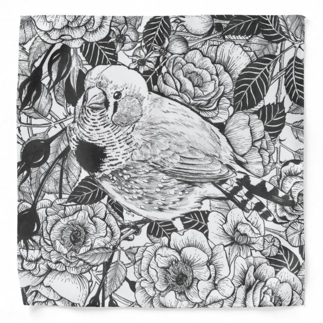 Zebra finch and rose bush ink drawing bandana (Front)