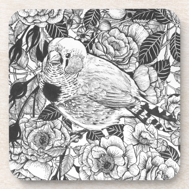 Zebra finch and rose bush ink drawing beverage coaster (Front)