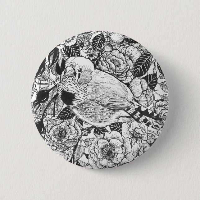 Zebra finch and rose bush ink drawing button (Front)