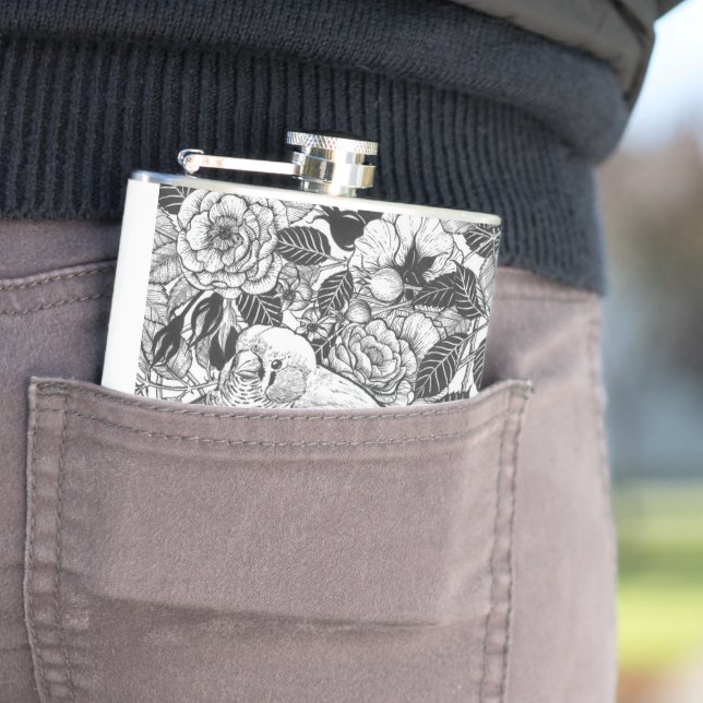 Zebra finch and rose bush ink drawing flask (In Situ)