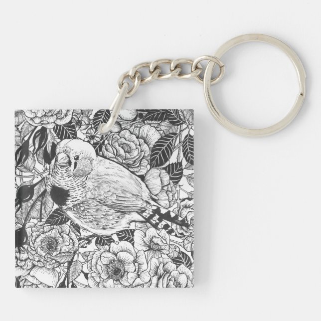 Zebra finch and rose bush ink drawing keychain (Back)