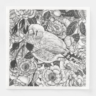 Zebra finch and rose bush ink drawing paper dinner napkins