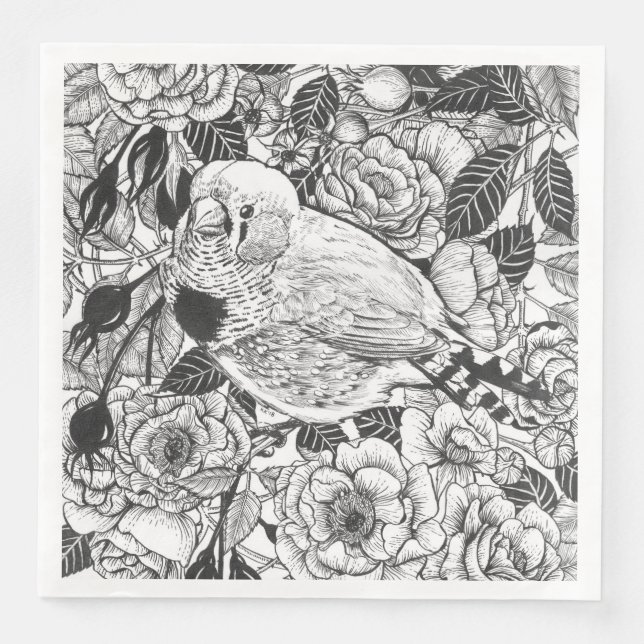 Zebra finch and rose bush ink drawing paper dinner napkins (Front)