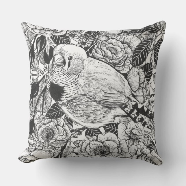 Zebra finch and rose bush ink drawing throw pillow (Front)