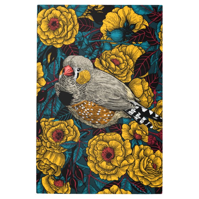 Zebra finch and rose bush metal print (Front)