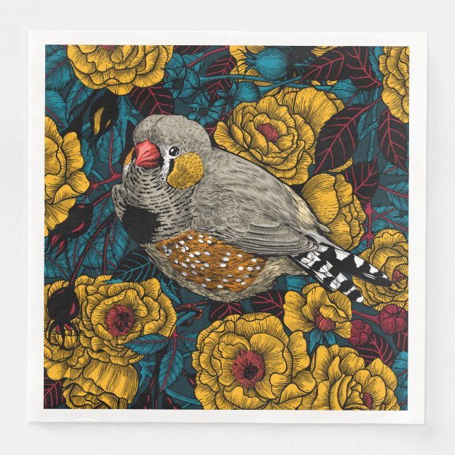Zebra finch and rose bush paper dinner napkins (Front)