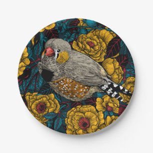 Zebra finch and rose bush paper plates