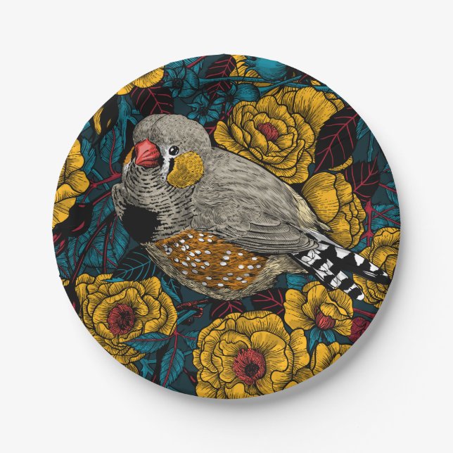 Zebra finch and rose bush paper plates (Front)