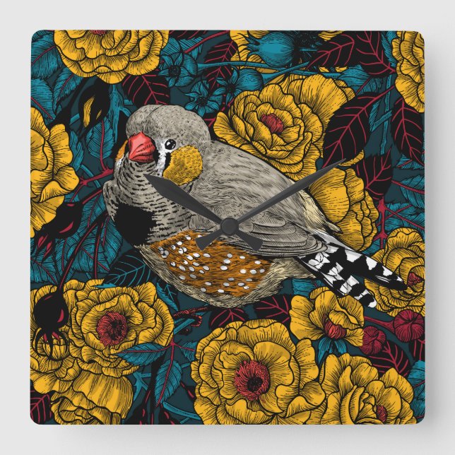 Zebra finch and rose bush square wall clock (Front)