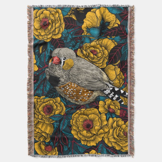 Zebra finch and rose bush throw blanket (Front Vertical)