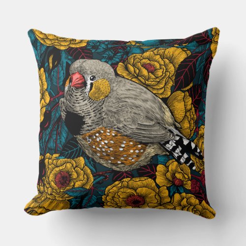 Zebra finch and rose bush throw pillow