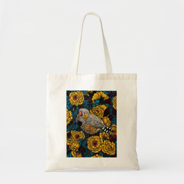 Zebra finch and rose bush tote bag (Front)