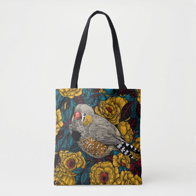 Zebra finch and rose bush tote bag (Front)