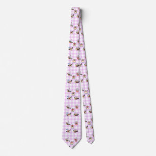 Zebra finch cute cartoon pink checkered pattern neck tie