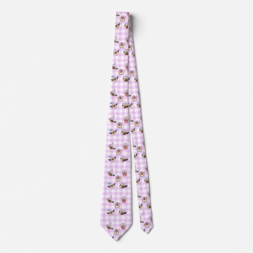 Zebra finch cute cartoon pink checkered pattern neck tie