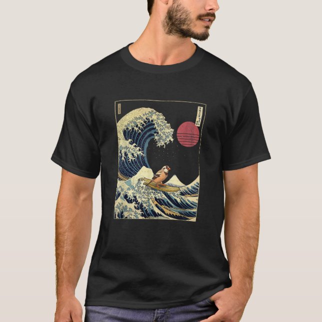 Zebra Finch Japanese Kanagawa Wave Funny Surf Anim T-Shirt (Front)