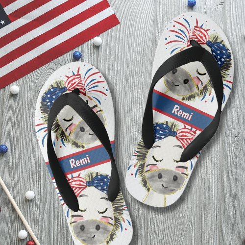 Zebra Flag Hair Tie and Fireworks Custom Kids Flip Flops