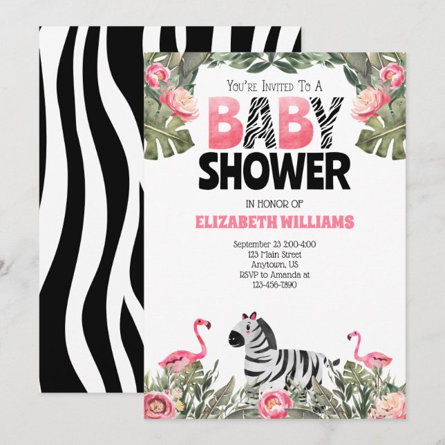 Zebra Flamingos Pink Black Baby Shower Invitation (Front/Back)