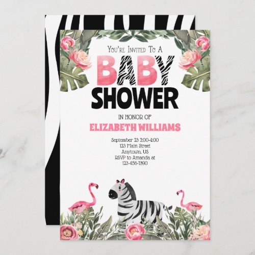 Zebra Flamingos Pink Black Baby Shower Invitation