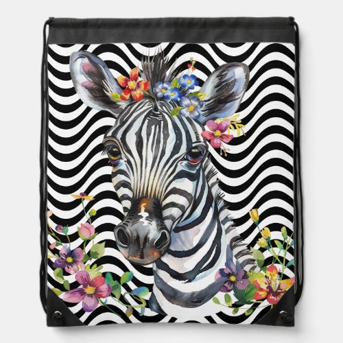 Zebra Floral Black White Wavy Stripes Psychedelic Drawstring Bag