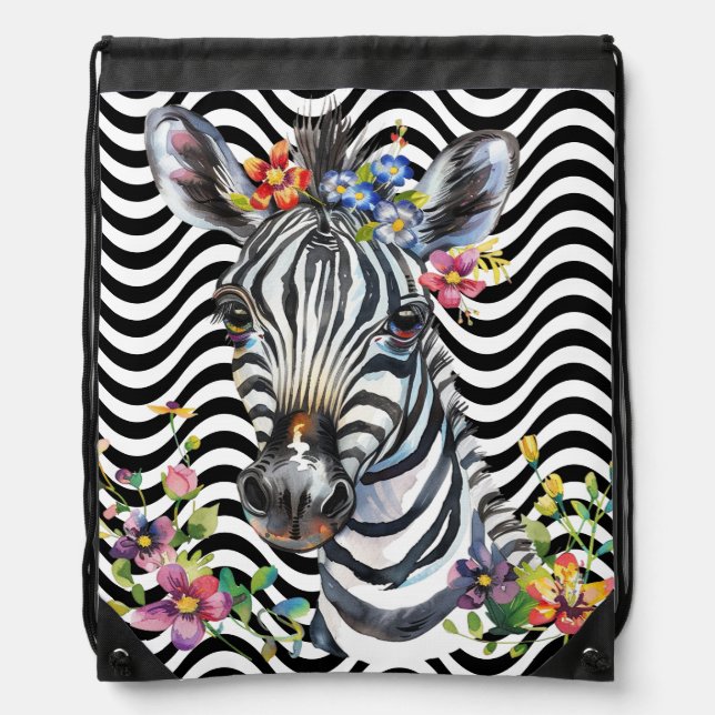 Zebra Floral Black White Wavy Stripes Psychedelic Drawstring Bag (Front)