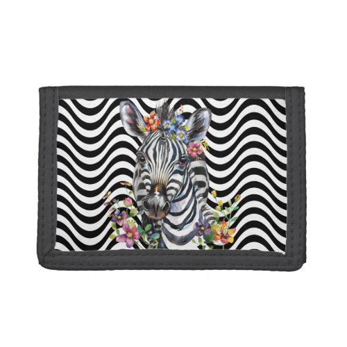 Zebra Floral Black White Wavy Stripes Psychedelic Trifold Wallet