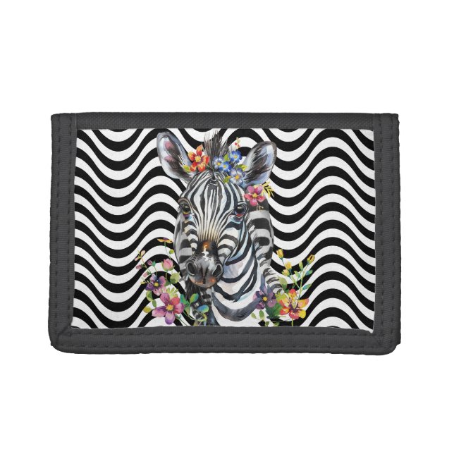 Zebra Floral Black White Wavy Stripes Psychedelic Trifold Wallet (Front)
