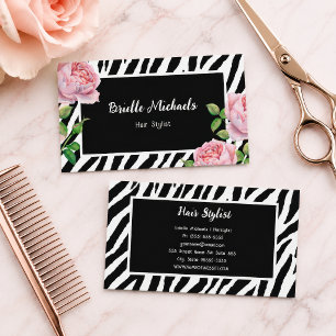 Zebra Floral Hairstylist Pink Rose Business Card