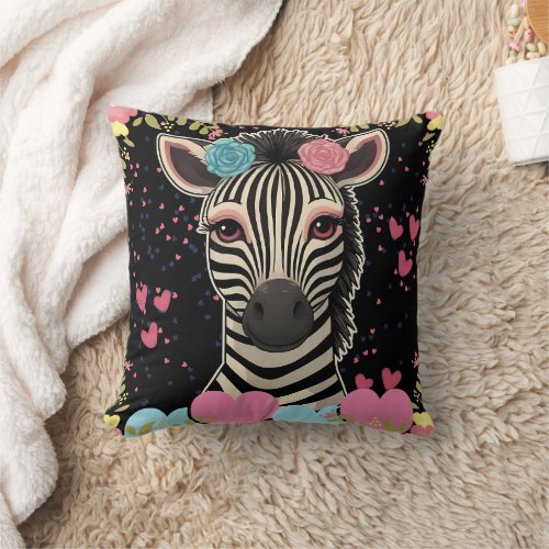 Zebra Floral Heart Print  Throw Pillow
