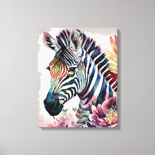 Zebra Floral Watercolor Art Canvas Print (Front)