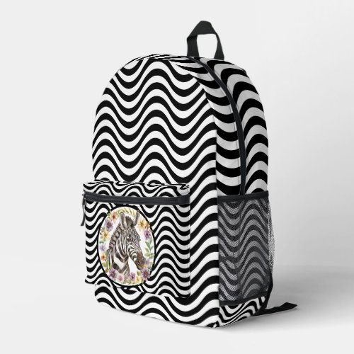 Zebra Flowers Black White Wavy Stripes Psychedelic Printed Backpack
