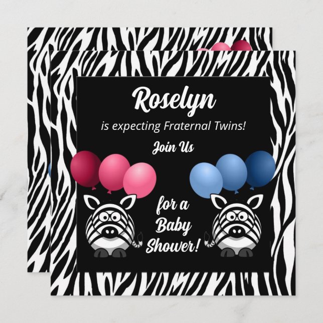 Zebra Fraternal Twins on Black Baby Shower Invitation (Front/Back)
