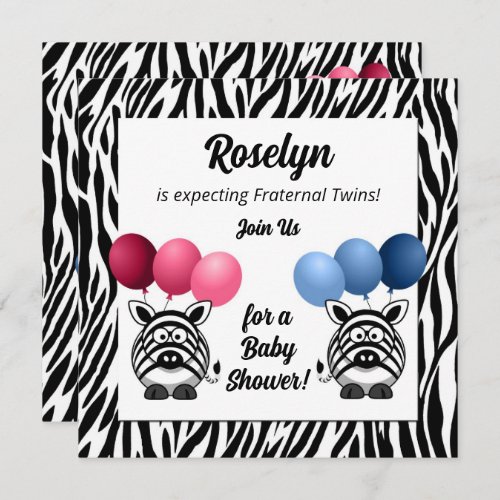 Zebra Fraternal Twins Pink and Blue Baby Shower Invitation