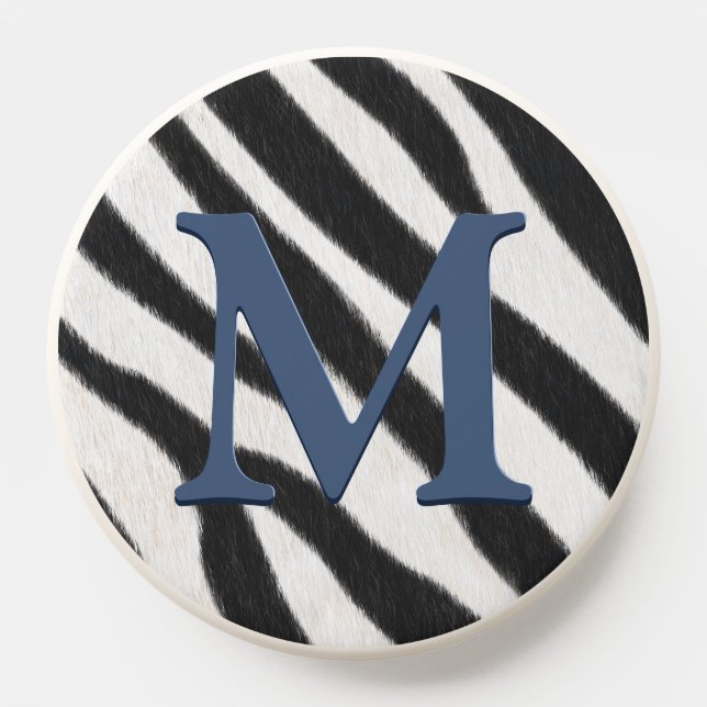 Zebra Fur Animal Print Blue Grey Monogram PopSocket (Popsocket)