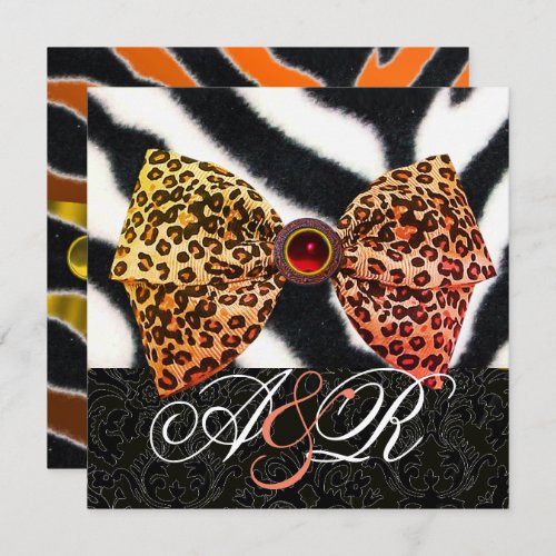 ZEBRA FURLEOPARD SKIN BOW BLACK DAMASK MONOGRAM INVITATION