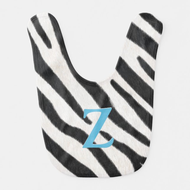 Zebra Fur Personalized Blue Monogram Animal Print Baby Bib (Front)