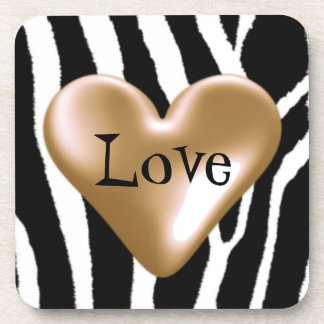 Zebra Fur Print With Heart Design Beverage Coaster