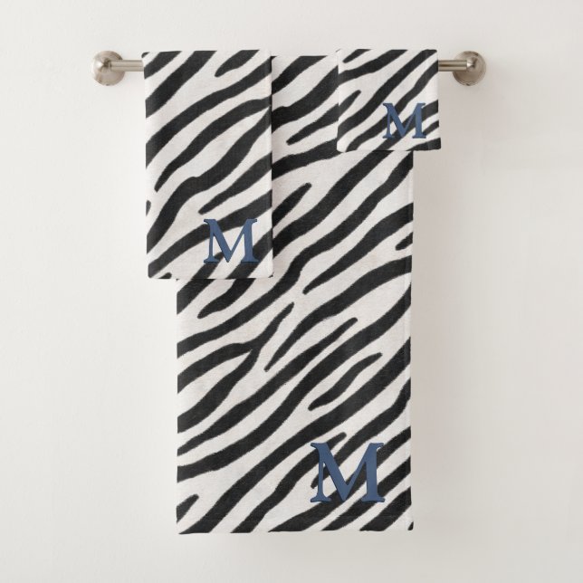 Zebra Fur Realistic Animal Print Blue Monogram Bath Towel Set (Insitu)
