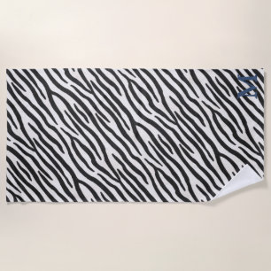 Zebra Fur Realistic Animal Print Blue Monogram Beach Towel
