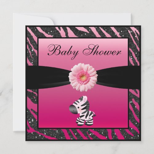 Zebra Gerbera  Faux Glitter Baby Shower Invitation