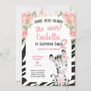 Zebra girl 2nd, second birthday invitation. invitation