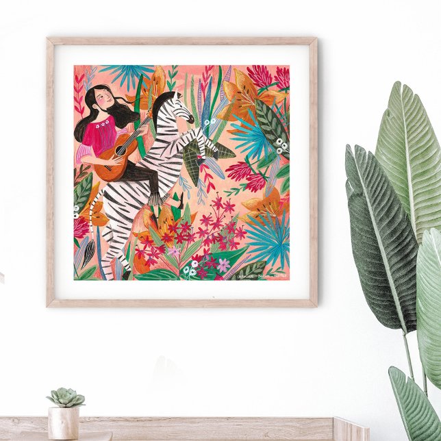 Zebra & girl bright pink tropical jungle Poster (Creator Uploaded)