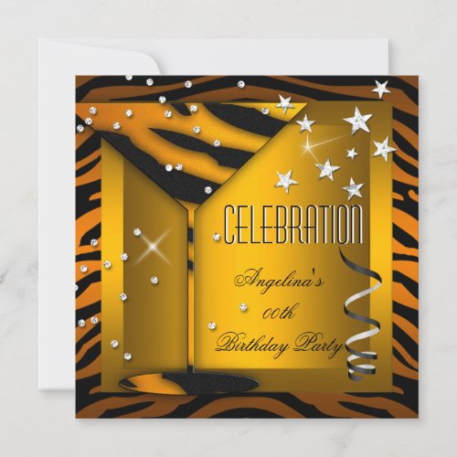 Zebra Glass Orange Gold Celebration Birthday Party Invitation