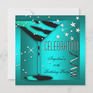 Zebra Glass Teal Blue Celebration Birthday Party Invitation