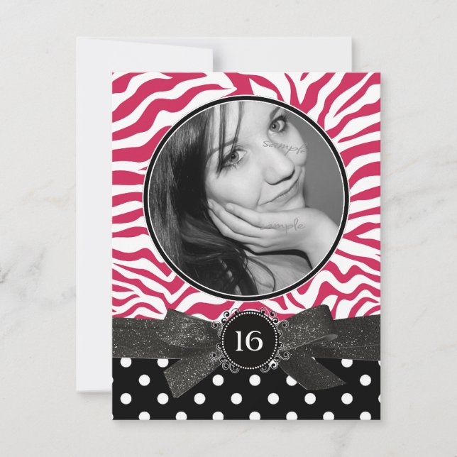 Zebra Glitter and Polkadots Photo Sweet 16 Pink Invitation (Front)