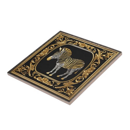 Zebra gold and black ornamental frame ceramic tile