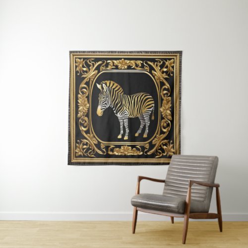 Zebra gold and black ornamental frame tapestry
