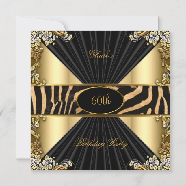 Zebra Gold Cream Leopard Black Birthday Party Invitation (Front)